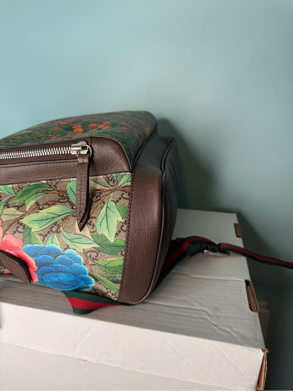 Gucci Brown GG Supreme Floral & Bird Canvas Backpack with Blue Accents - Picture 6 of 13